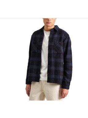 Wax London Whiting Overshirt Men Size M Blue Plaid Textured Cotton Blend Pockets